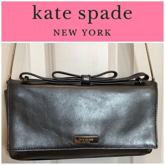 KATE SPADE - Soft Leather 3-Way/Metallic Gunmetal Grey/Clutch/Satchel/Shoulder - Picture 1 of 16